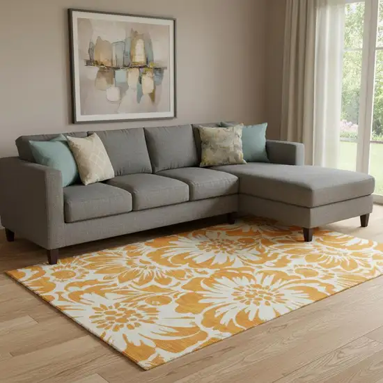 Orange And Ivory Floral Washable Area Rug With UV Protection Photo 1