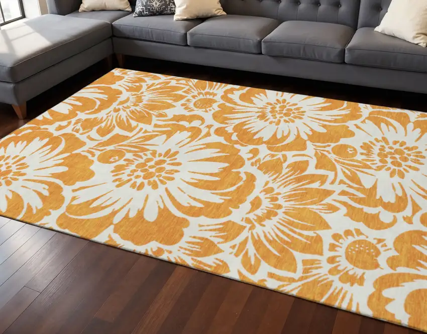 Orange And Ivory Floral Washable Area Rug With UV Protection Photo 2