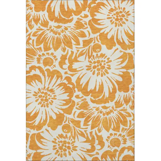 Orange And Ivory Floral Washable Area Rug With UV Protection Photo 4