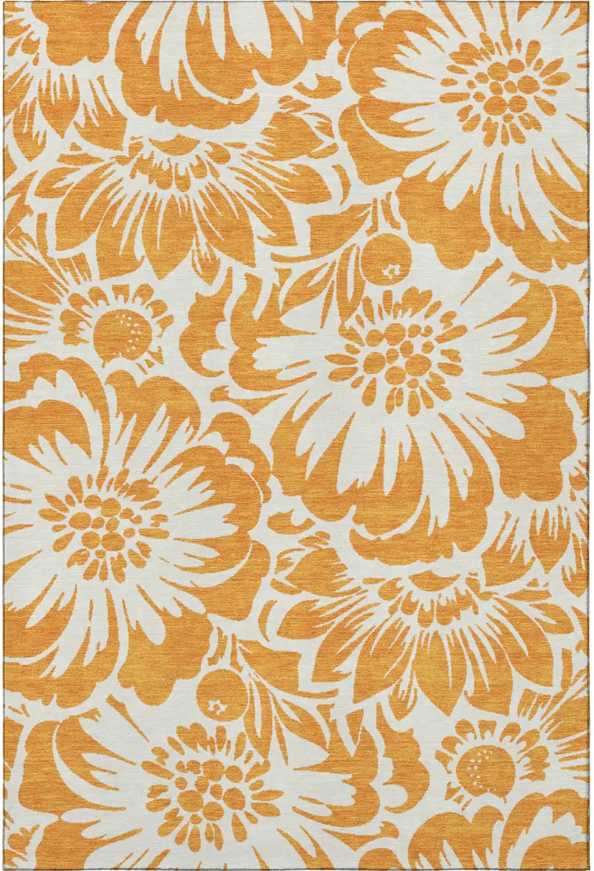 Orange And Ivory Floral Washable Area Rug With UV Protection Photo 4