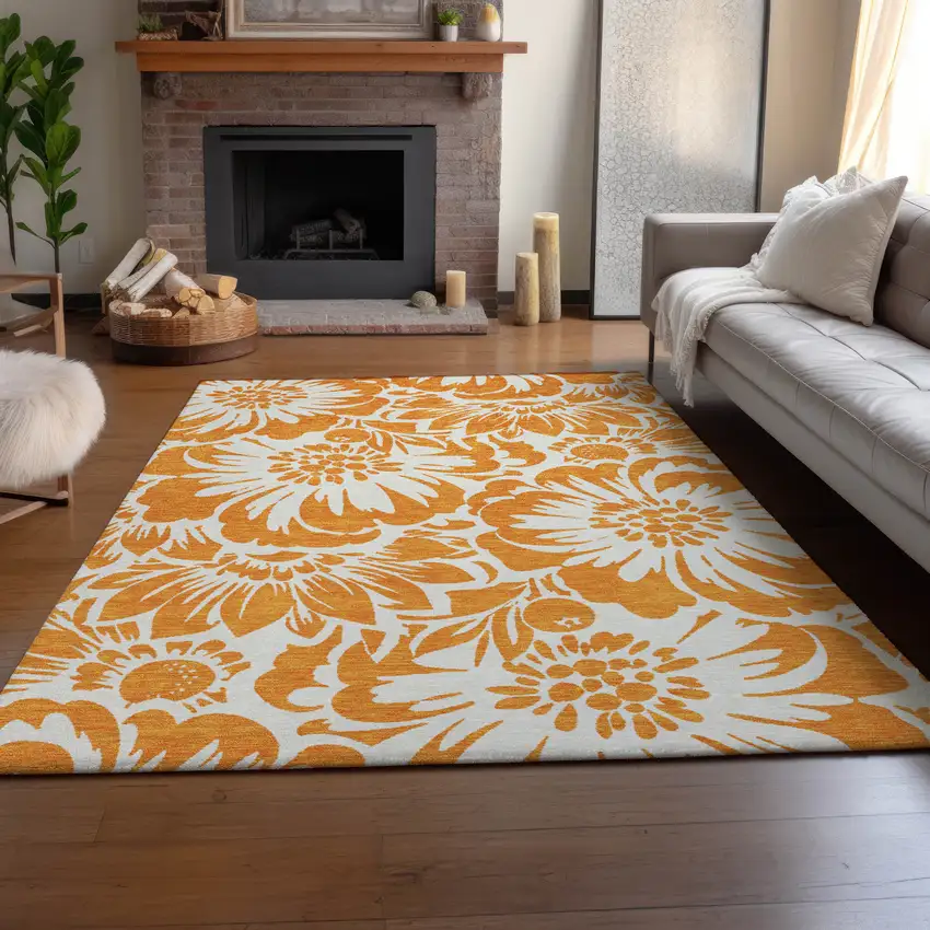 Orange And Ivory Floral Washable Area Rug With UV Protection Photo 6