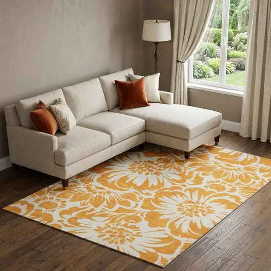 Orange And Ivory Floral Washable Area Rug With UV Protection Photo 1