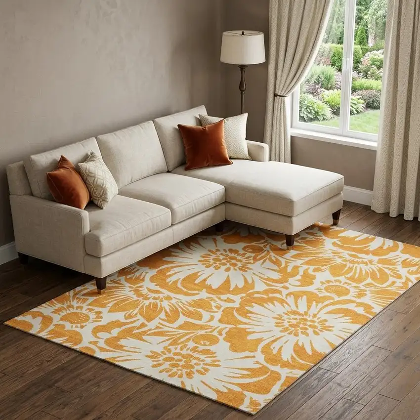 Orange And Ivory Floral Washable Area Rug With UV Protection Photo 1