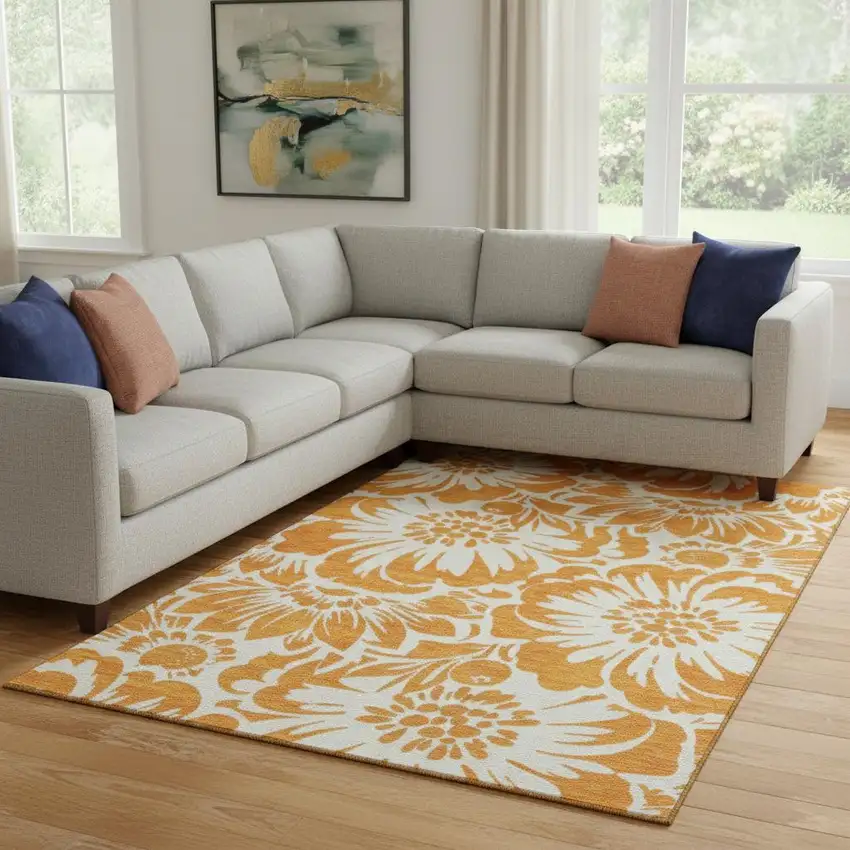 Orange And Ivory Floral Washable Area Rug With UV Protection Photo 1