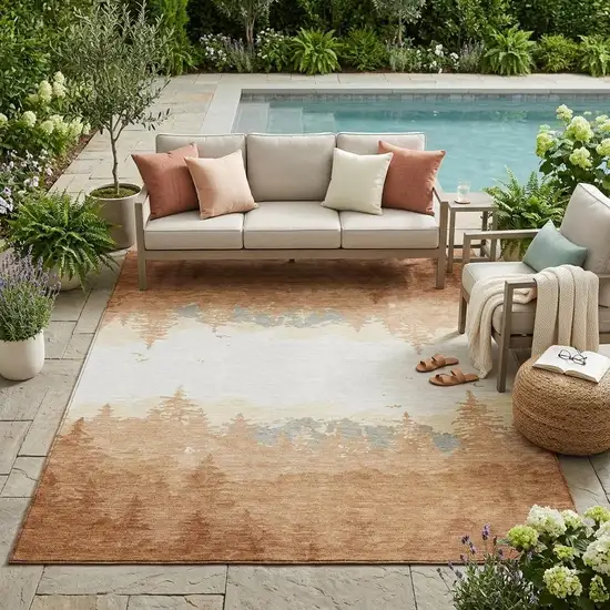 Orange And Ivory Floral Washable Indoor Outdoor Area Rug Photo 1