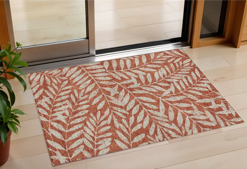 Orange And Ivory Floral Washable Indoor Outdoor Area Rug Photo 1