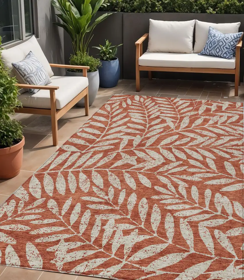 Orange And Ivory Floral Washable Indoor Outdoor Area Rug Photo 1
