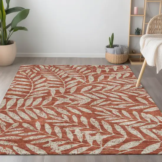 Orange And Ivory Floral Washable Indoor Outdoor Area Rug Photo 9