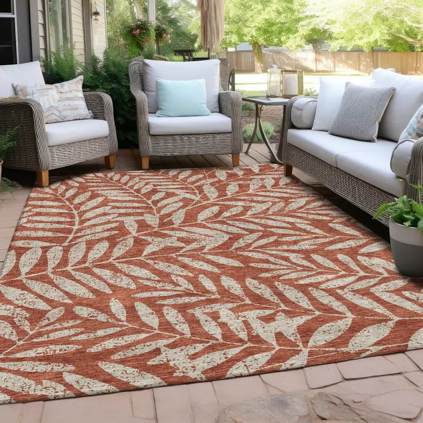 Orange And Ivory Floral Washable Indoor Outdoor Area Rug Photo 9