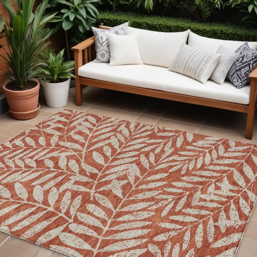 Orange And Ivory Floral Washable Indoor Outdoor Area Rug Photo 1