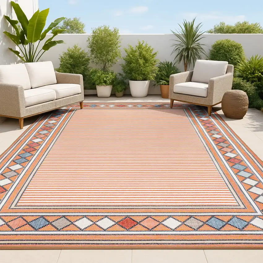 Orange And Ivory Geometric Indoor Outdoor Area Rug Photo 4