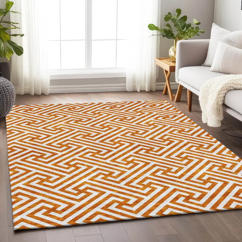 Orange And Ivory Geometric Washable Area Rug With UV Protection Photo 5
