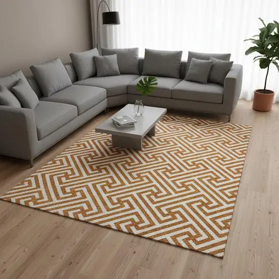 Orange And Ivory Geometric Washable Area Rug With UV Protection Photo 2