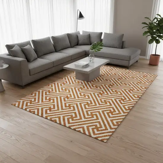 Orange And Ivory Geometric Washable Area Rug With UV Protection Photo 2
