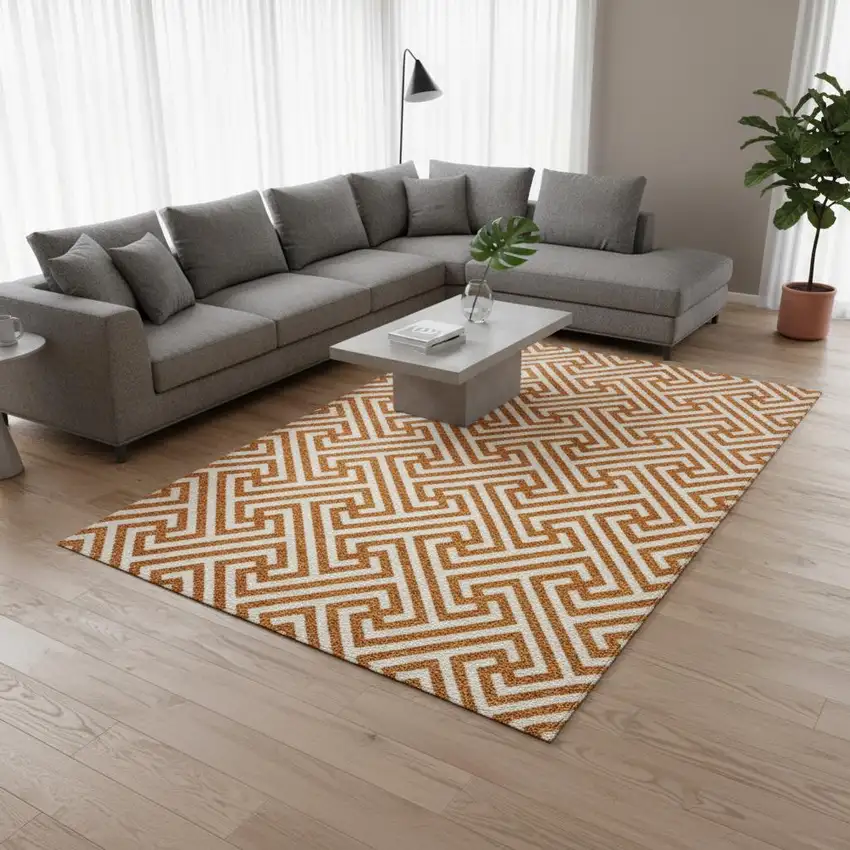 Orange And Ivory Geometric Washable Area Rug With UV Protection Photo 2