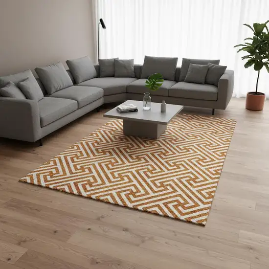 Orange And Ivory Geometric Washable Area Rug With UV Protection Photo 2