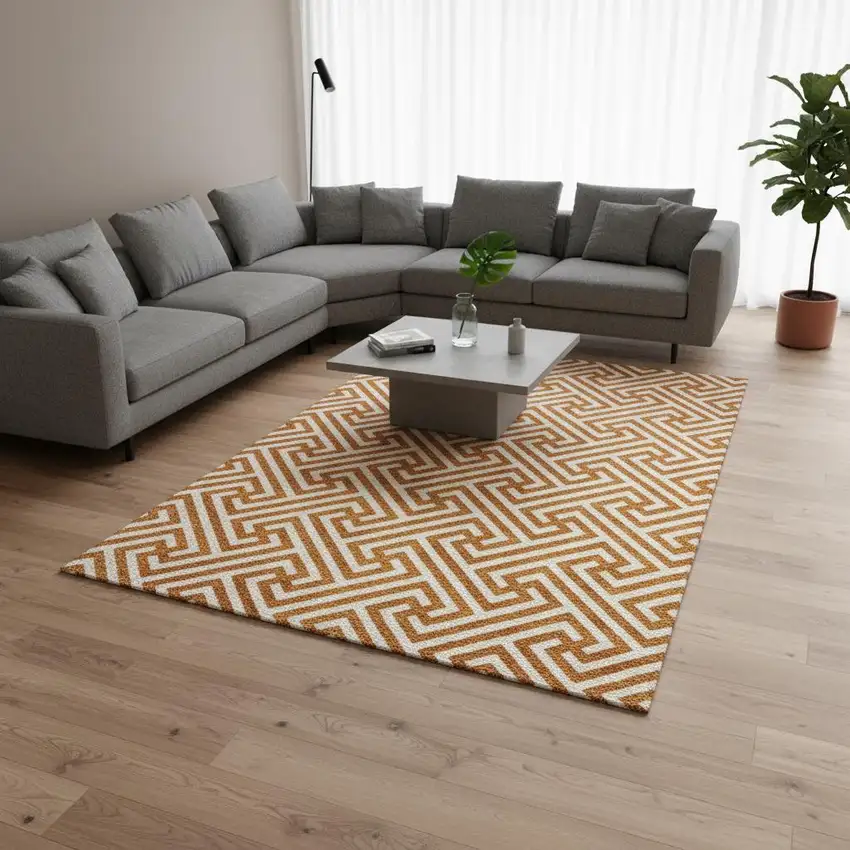 Orange And Ivory Geometric Washable Area Rug With UV Protection Photo 2