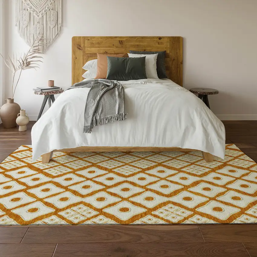 Orange And Ivory Geometric Washable Area Rug With UV Protection Photo 7