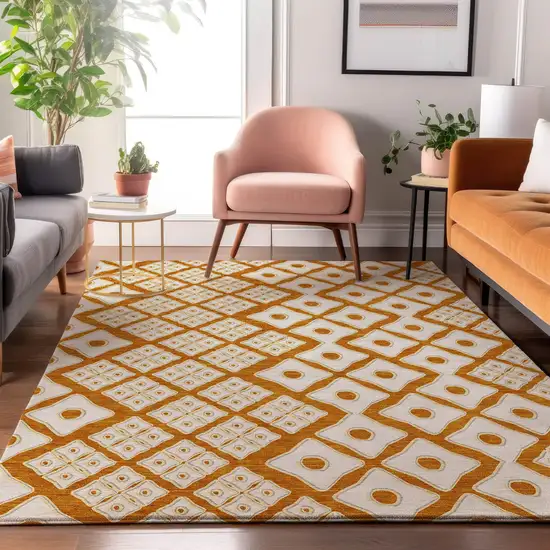 Orange And Ivory Geometric Washable Area Rug With UV Protection Photo 6