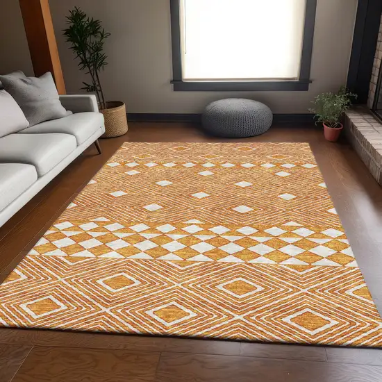Orange And Ivory Geometric Washable Area Rug With UV Protection Photo 6