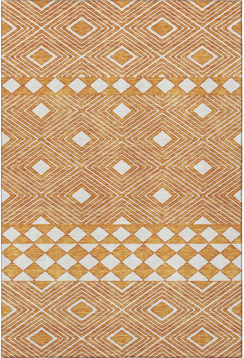 Orange And Ivory Geometric Washable Area Rug With UV Protection Photo 4