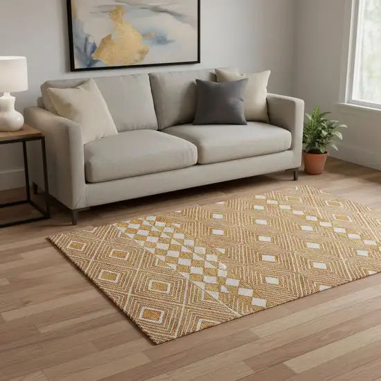 Orange And Ivory Geometric Washable Area Rug With UV Protection Photo 2