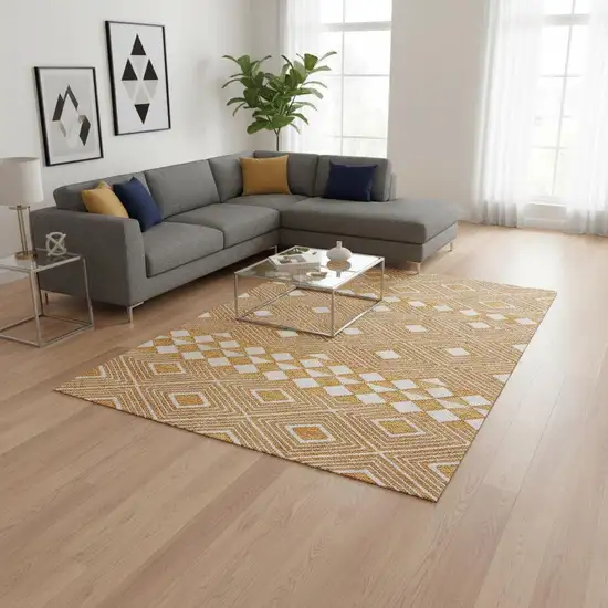 Orange And Ivory Geometric Washable Area Rug With UV Protection Photo 2