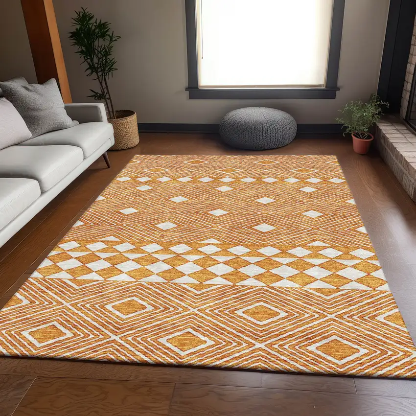 Orange And Ivory Geometric Washable Area Rug With UV Protection Photo 6
