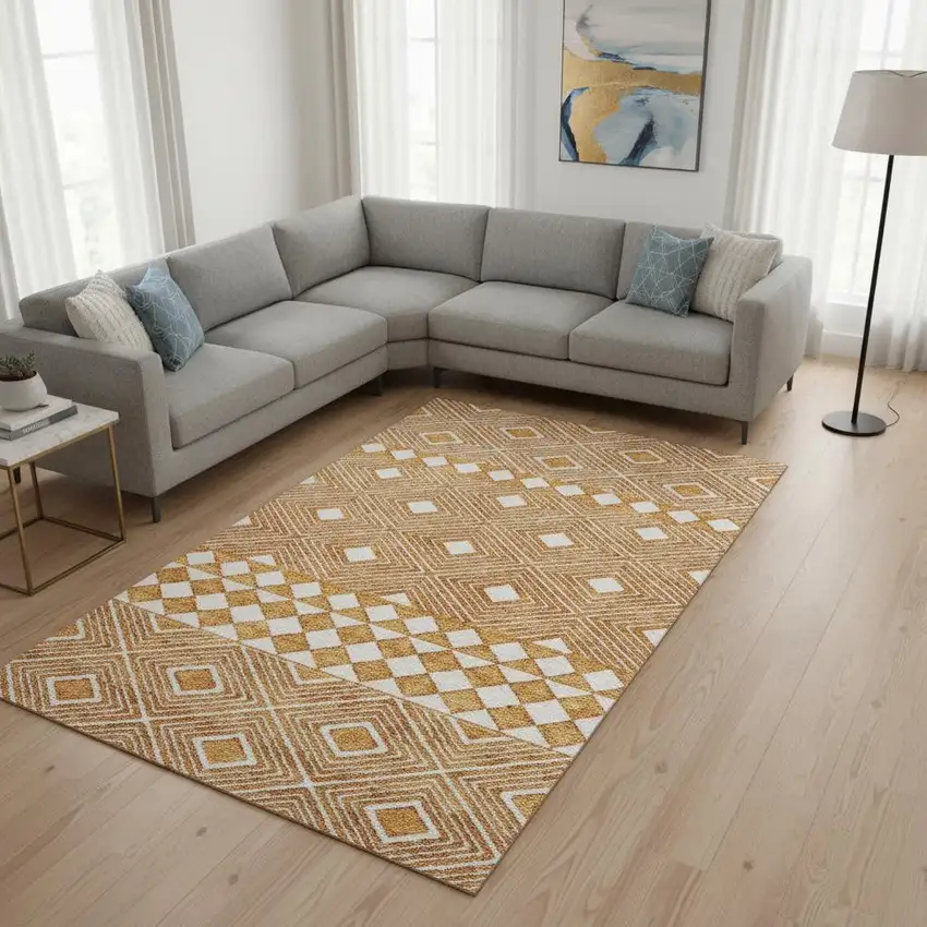 Orange And Ivory Geometric Washable Area Rug With UV Protection Photo 2