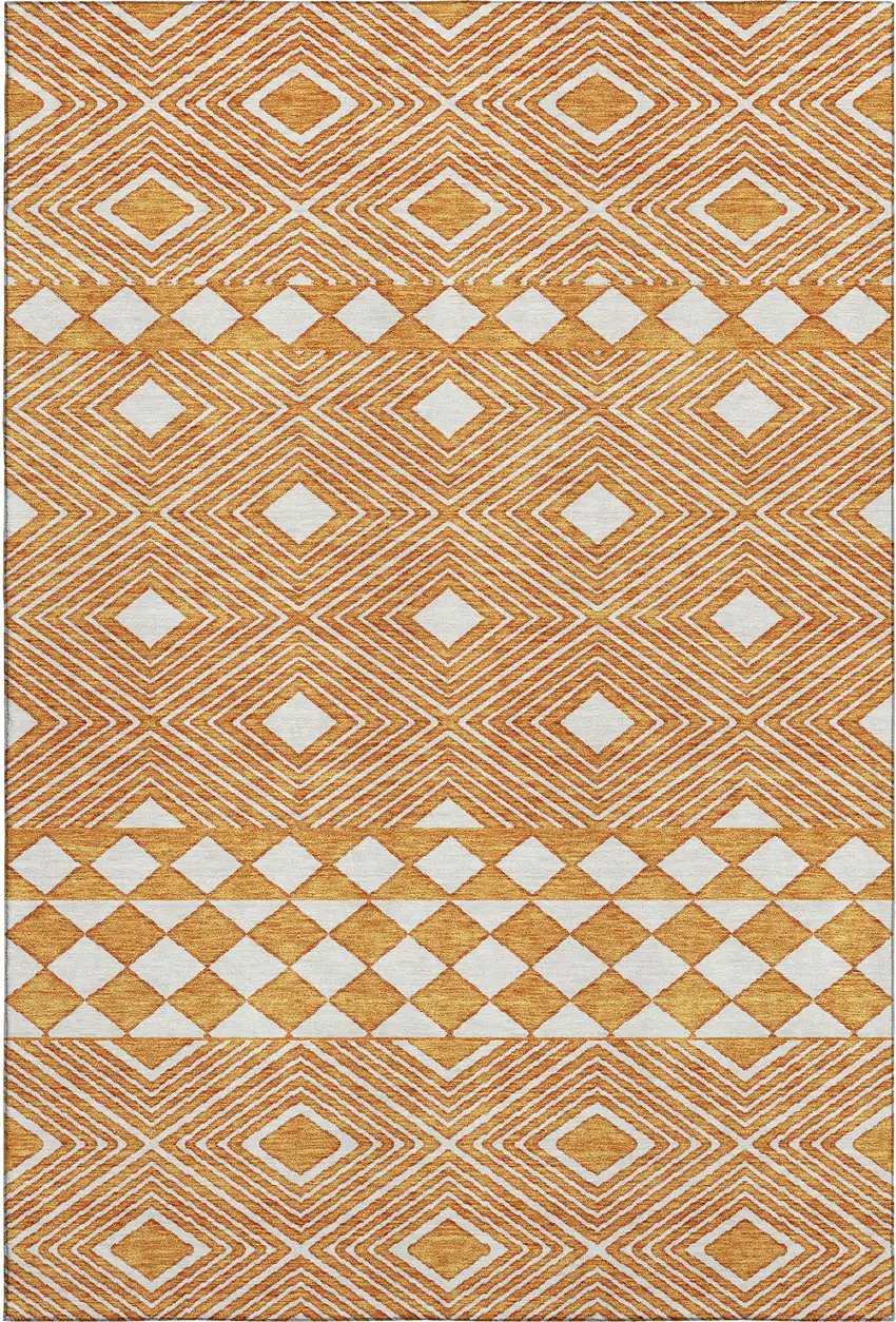 Orange And Ivory Geometric Washable Area Rug With UV Protection Photo 1