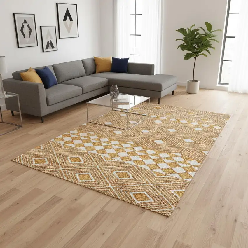 Orange And Ivory Geometric Washable Area Rug With UV Protection Photo 2