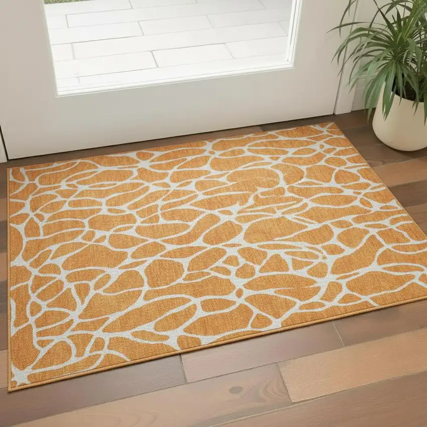 Orange And Ivory Geometric Washable Area Rug With UV Protection Photo 2