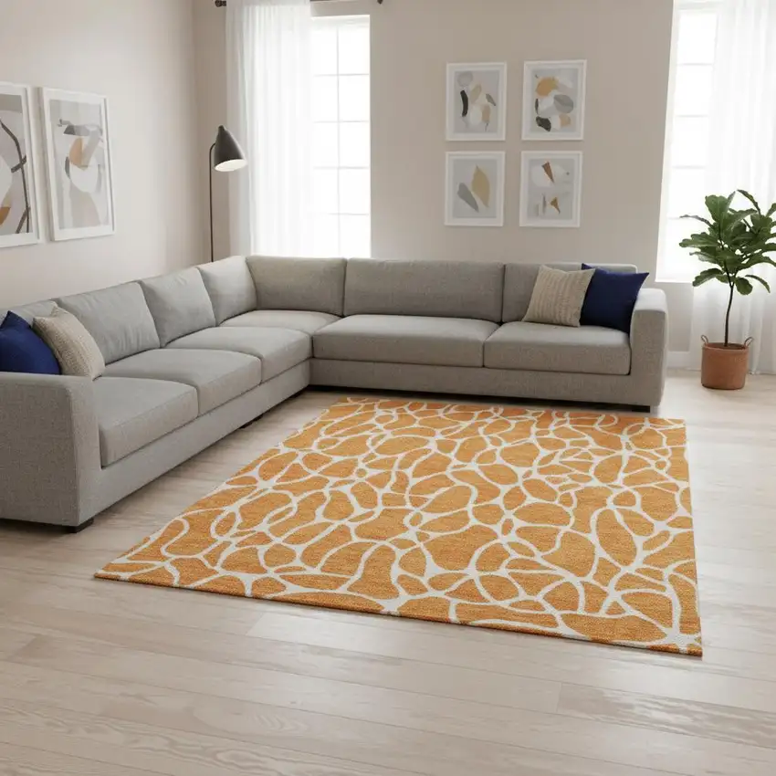 Orange And Ivory Geometric Washable Area Rug With UV Protection Photo 2