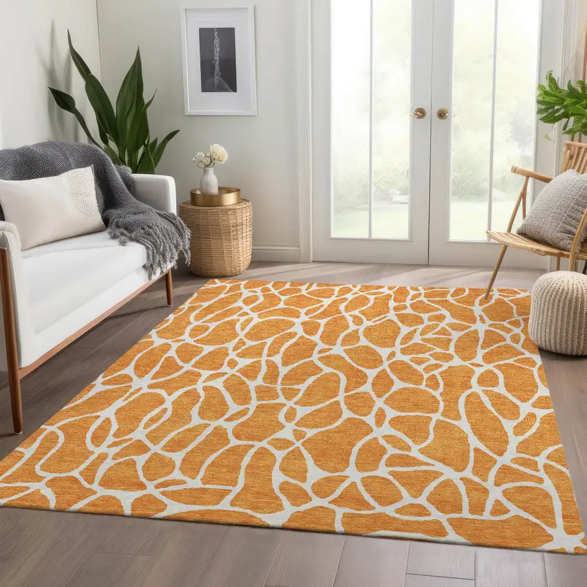 Orange And Ivory Geometric Washable Area Rug With UV Protection Photo 4