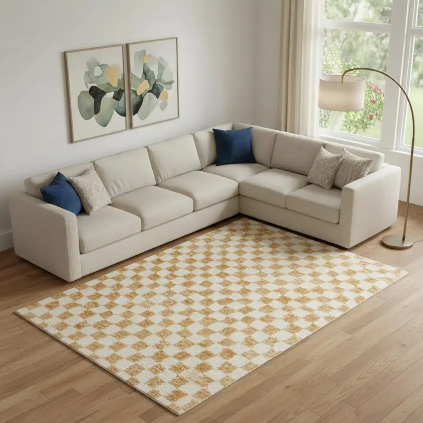 Orange And Ivory Geometric Washable Area Rug With UV Protection Photo 2