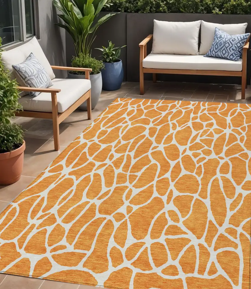 Orange And Ivory Geometric Washable Indoor Outdoor Area Rug Photo 1