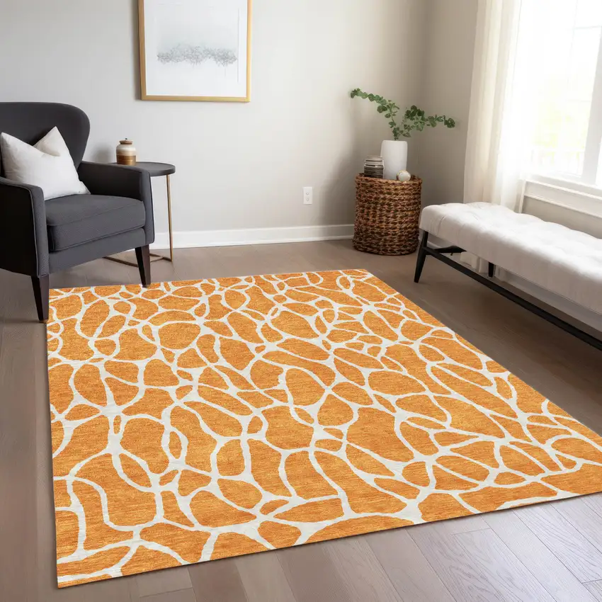 Orange And Ivory Geometric Washable Indoor Outdoor Area Rug Photo 9