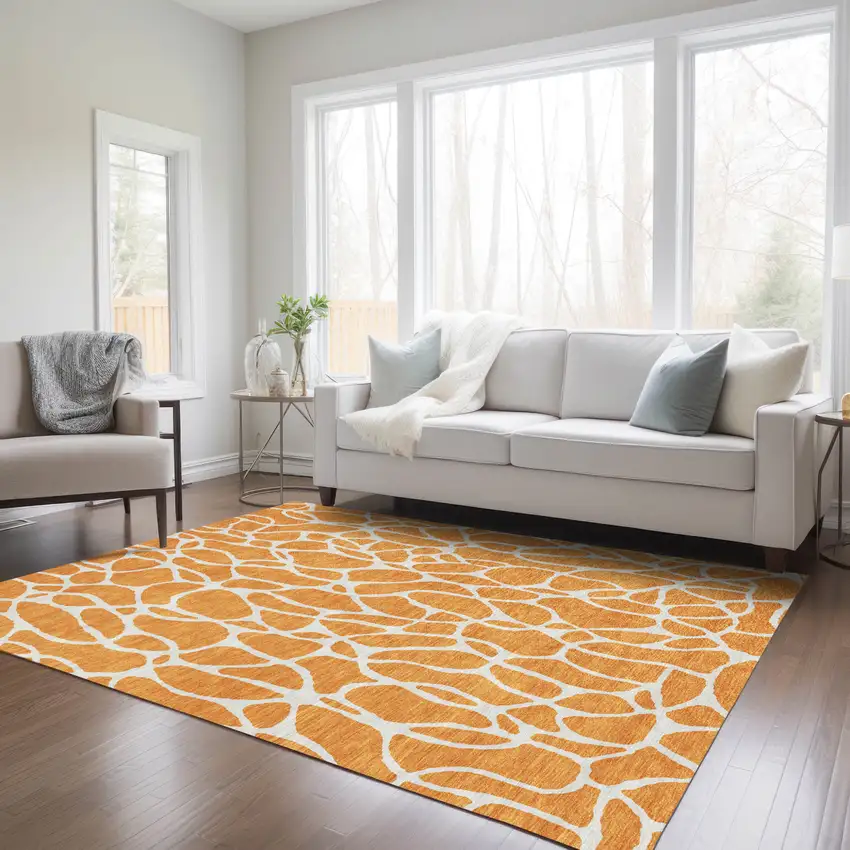 Orange And Ivory Geometric Washable Indoor Outdoor Area Rug Photo 9