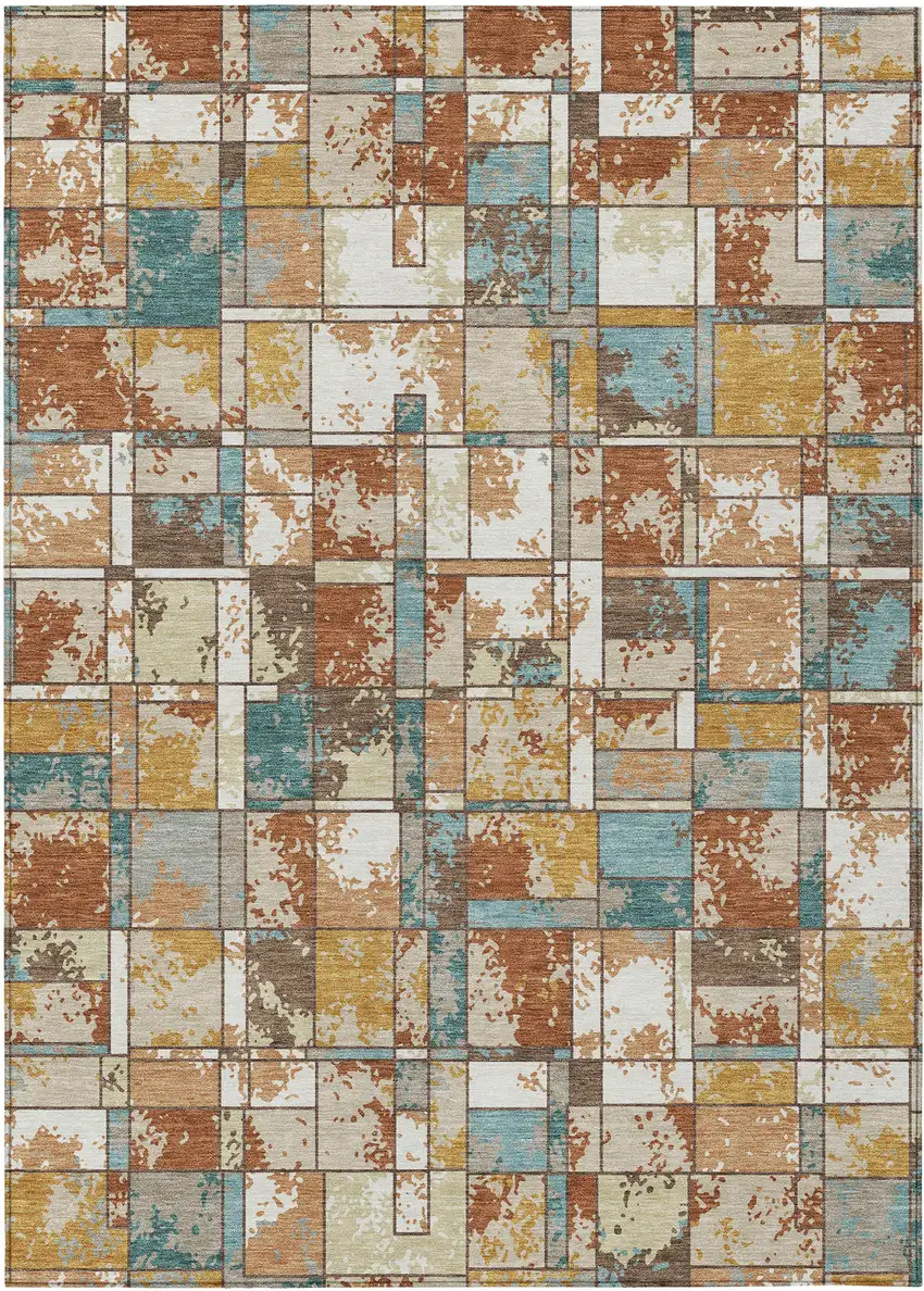 Orange And Ivory Geometric Washable Indoor Outdoor Area Rug Photo 1