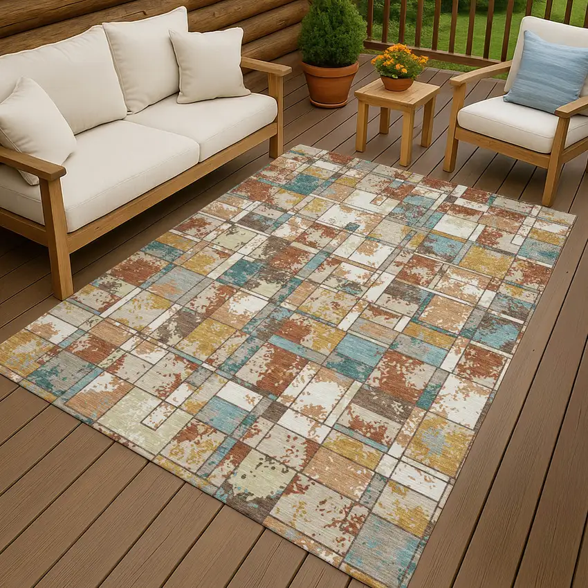 Orange And Ivory Geometric Washable Indoor Outdoor Area Rug Photo 4
