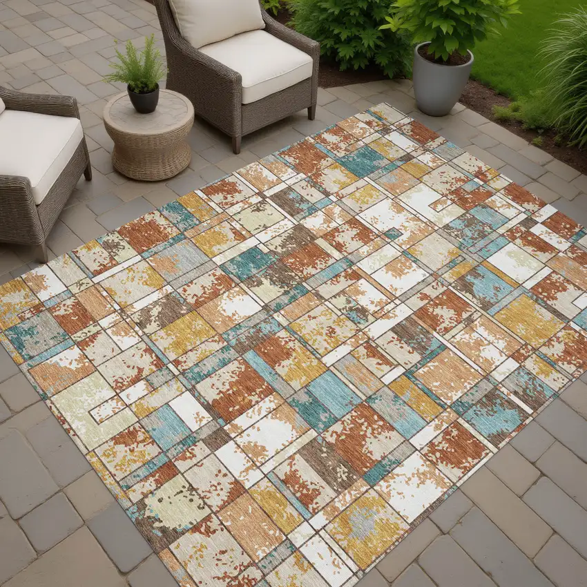 Orange And Ivory Geometric Washable Indoor Outdoor Area Rug Photo 7