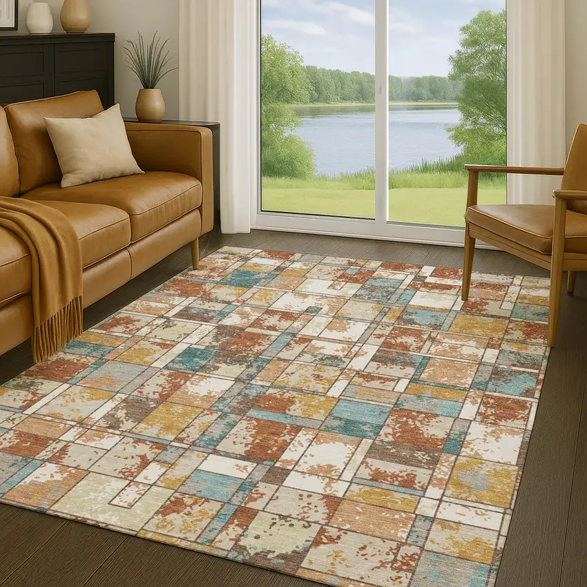 Orange And Ivory Geometric Washable Indoor Outdoor Area Rug Photo 5