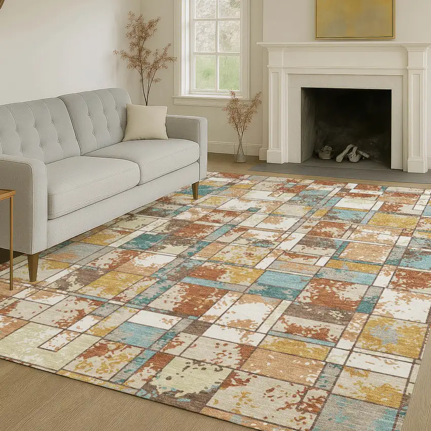Orange And Ivory Geometric Washable Indoor Outdoor Area Rug Photo 6