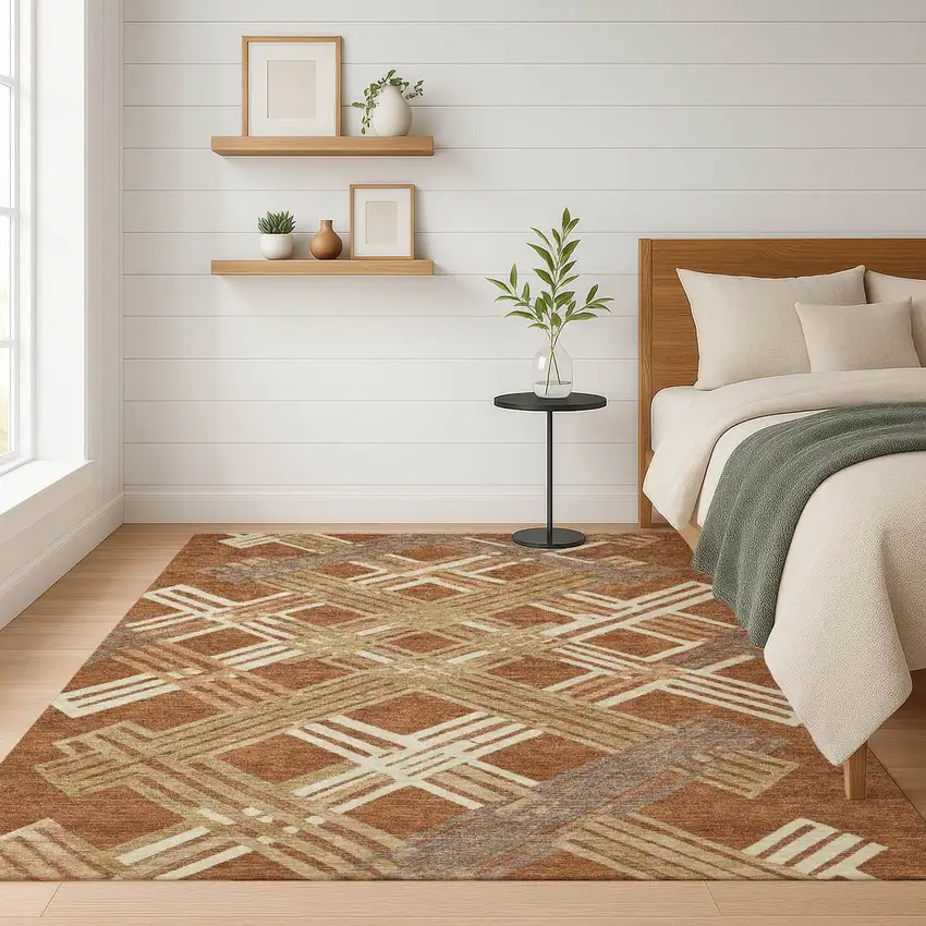 Orange And Ivory Geometric Washable Indoor Outdoor Area Rug Photo 6