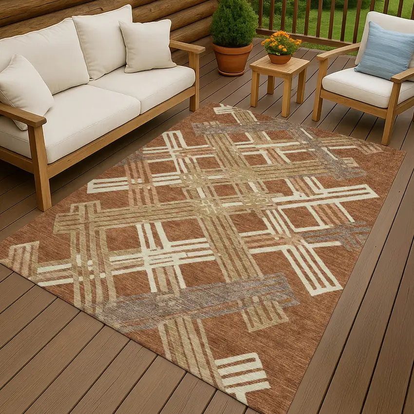 Orange And Ivory Geometric Washable Indoor Outdoor Area Rug Photo 4
