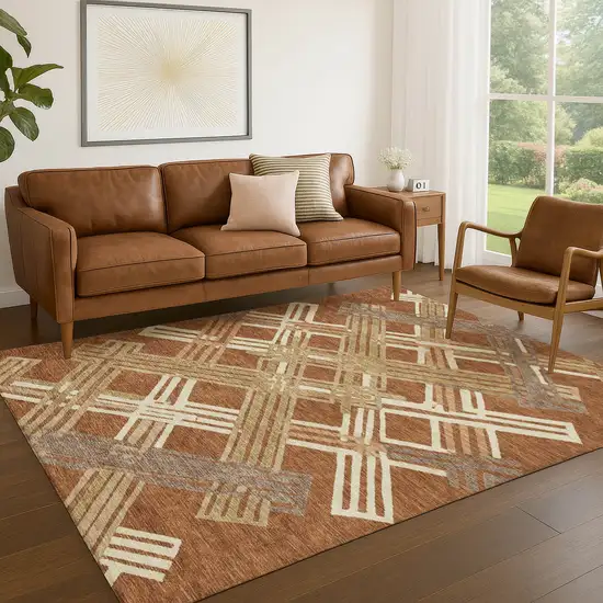 Orange And Ivory Geometric Washable Indoor Outdoor Area Rug Photo 5