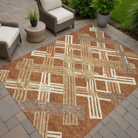 Orange And Ivory Geometric Washable Indoor Outdoor Area Rug Photo 7