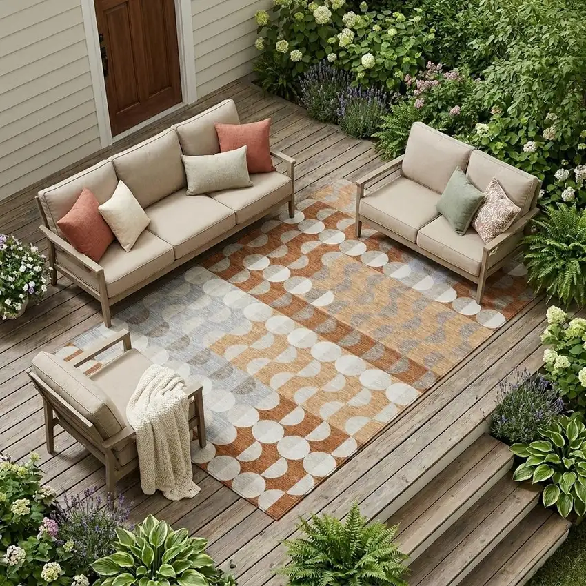 Orange And Ivory Geometric Washable Indoor Outdoor Area Rug Photo 1