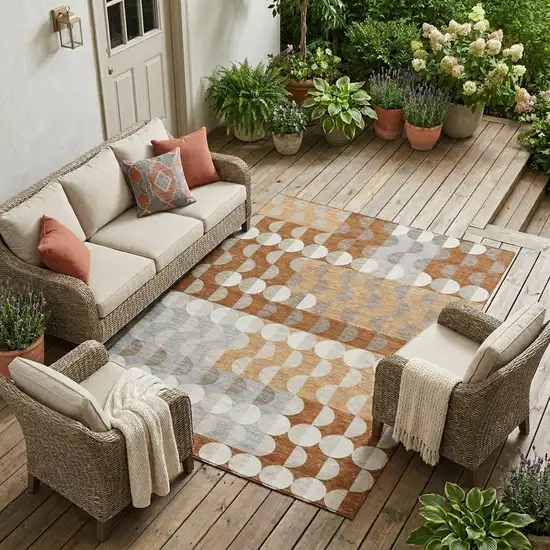 Orange And Ivory Geometric Washable Indoor Outdoor Area Rug Photo 1