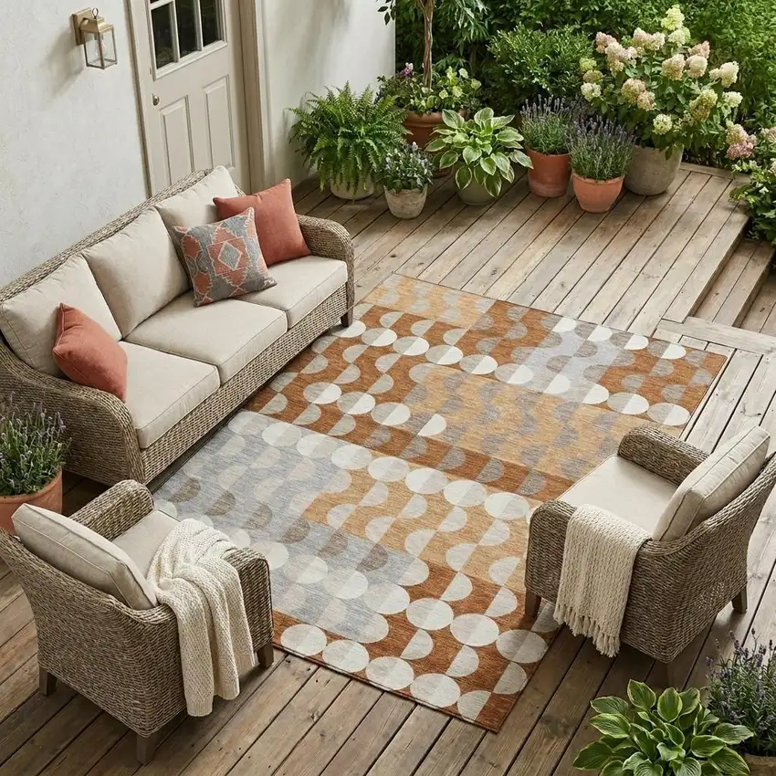Orange And Ivory Geometric Washable Indoor Outdoor Area Rug Photo 1